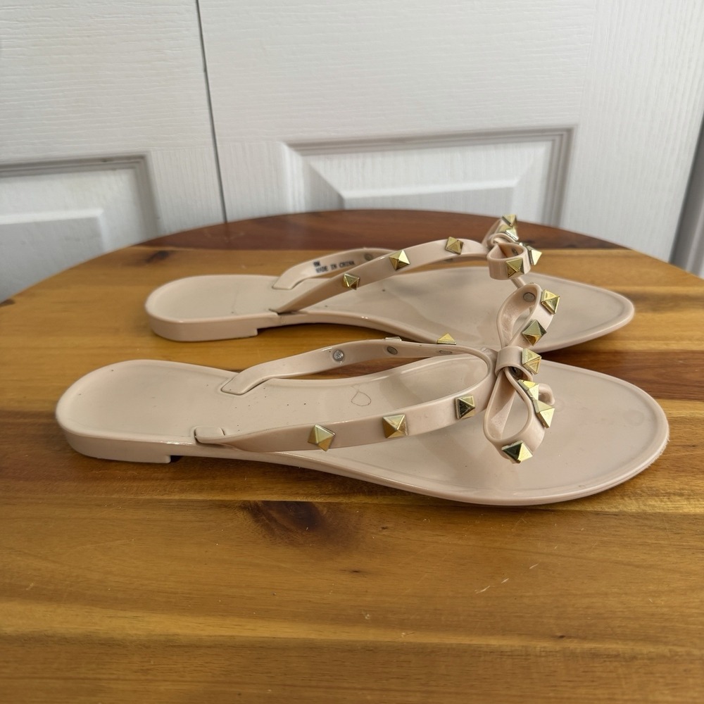 Pink Gold Studded Bow Flip Flops Women's Size 8 Beach Cruise Boho Grunge Preppy